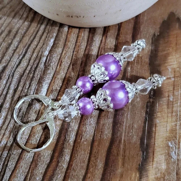 Art Nouveau Purple Glass Pearl Silver Plated Handcrafted Dangle Earrings - Picture 6 of 11